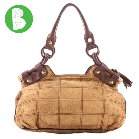 SALVATORE FERRAGAMO TAN & BROWN DISTRESSED EMBOSSED LEATHER W/GANCINI FRINGE - Picture 1 of 15